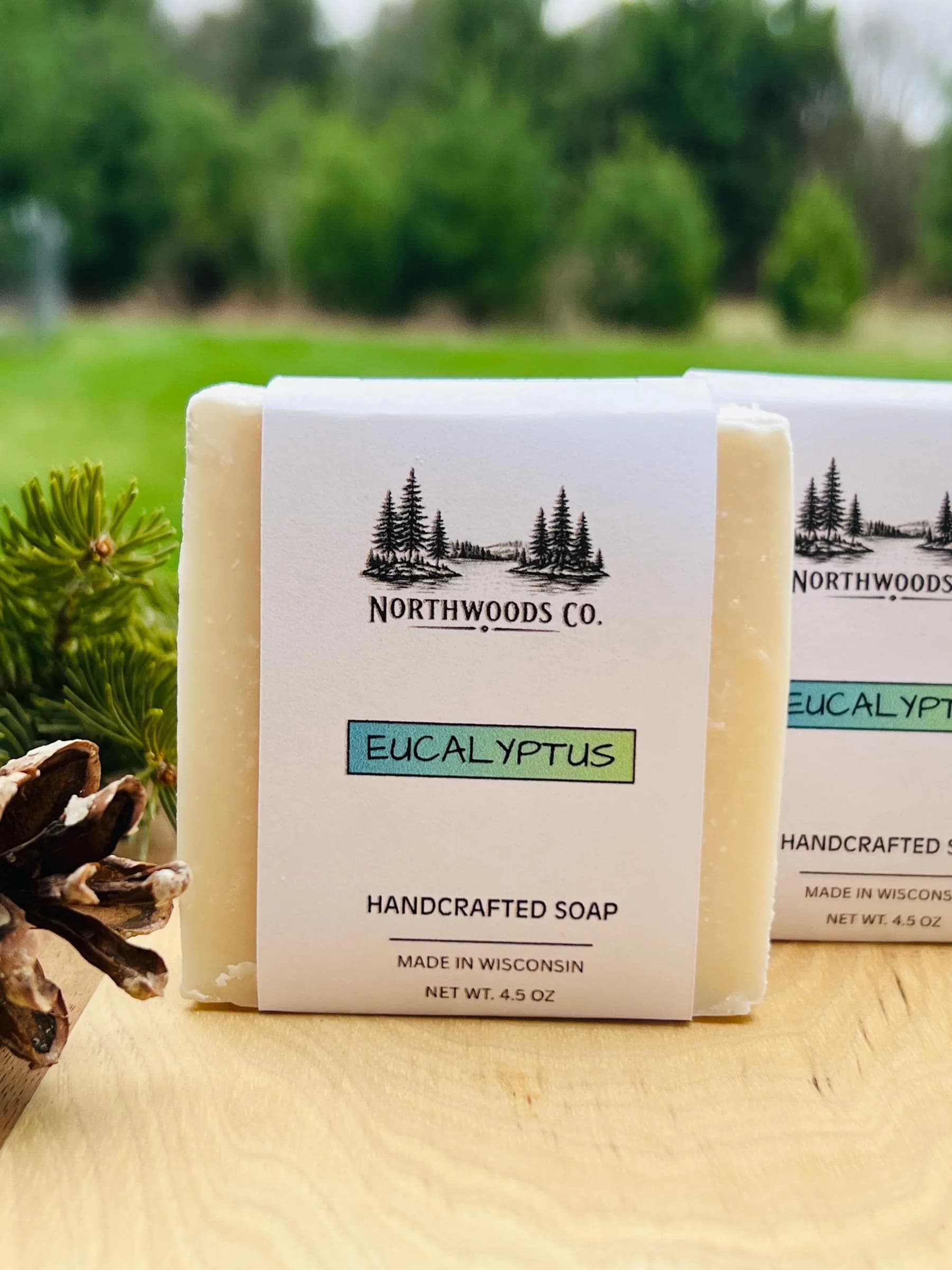 May include: Two bars of handcrafted soap with white labels. The labels read "NORTHWOODS CO." and "EUCALYPTUS." The soap is made in Wisconsin and weighs 4.5 oz. The background is a blurred green with